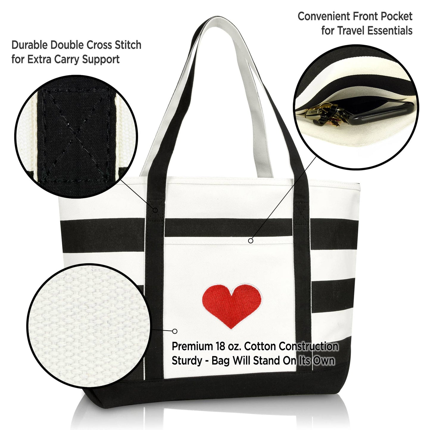 Dalix Love Big Heart Womens Embroidered Striped Tote Bag