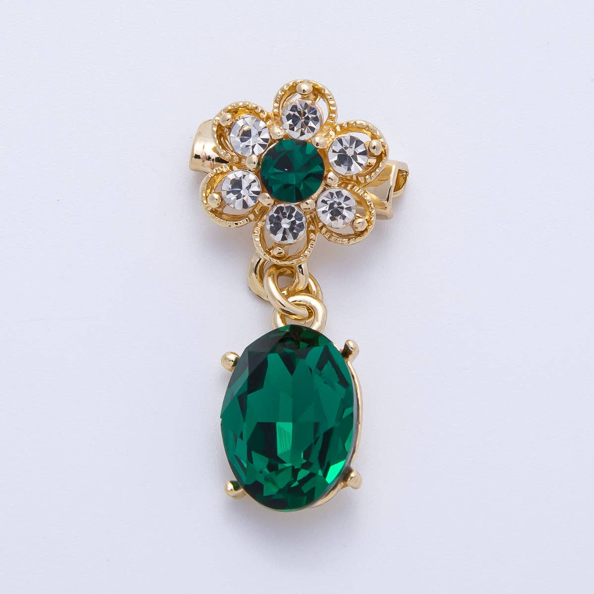 Gold 34.5mm x 15.3mm Green Oval Rhinestone Drop Flower Pin Brooch