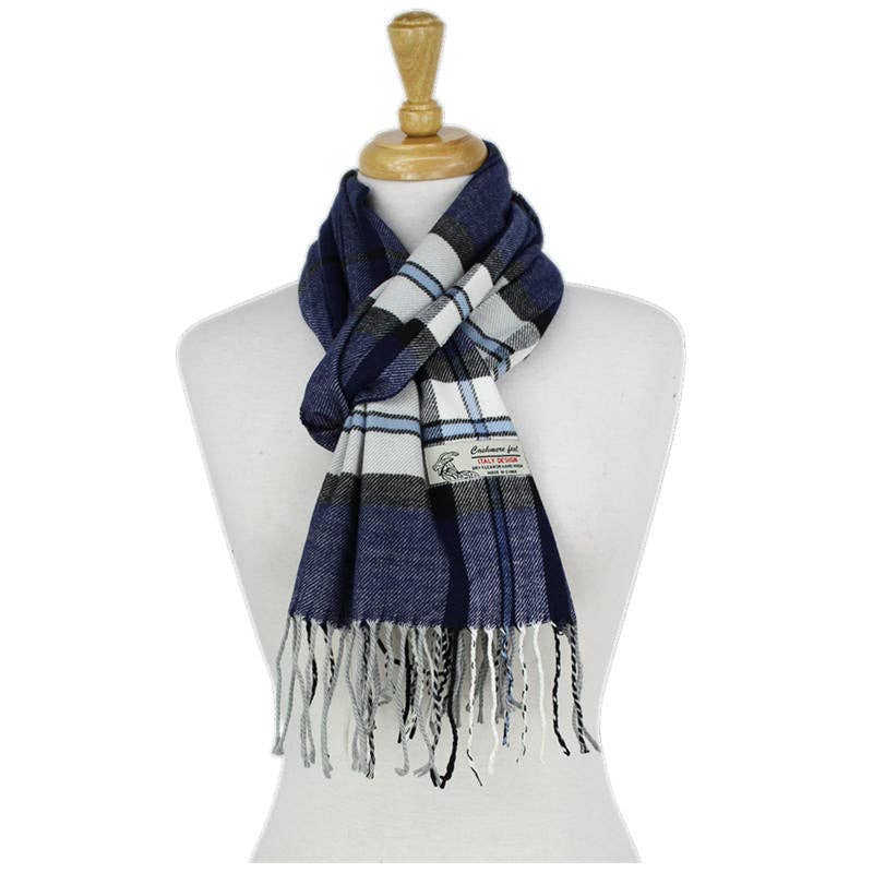 Navy Plaid Cashmere Feel Scarf