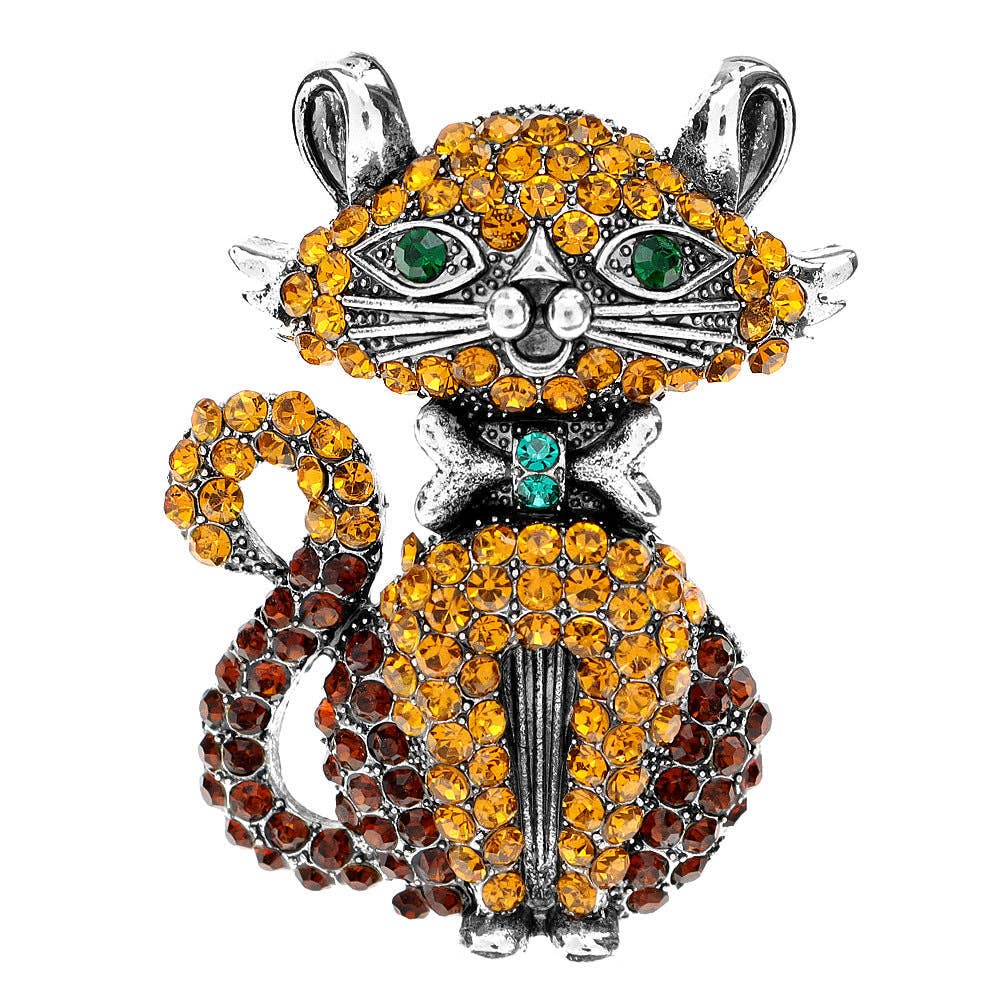 Rhinestone Bowknot Cat Brooch Pin