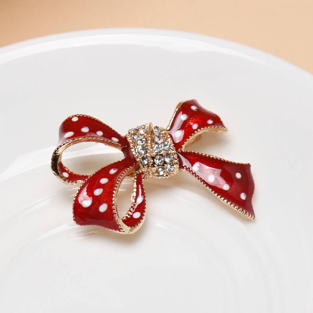 Christmas Bow Brooch, Polka Dot & Plaid Rhinestone Pins
