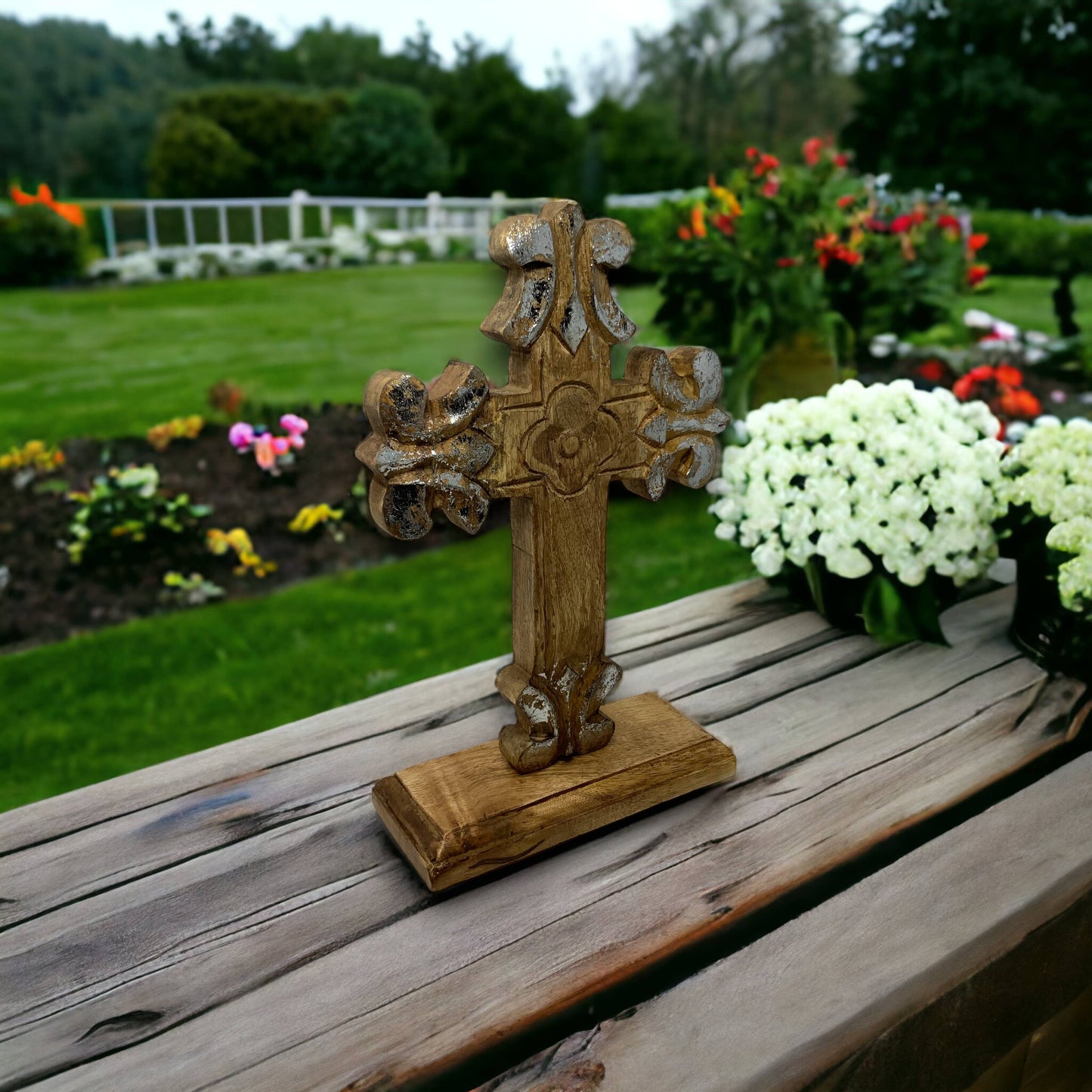 Double Sided Carved Wood St. Charles Table Cross Clearance