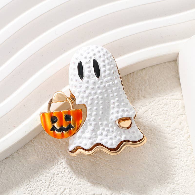 Enamel Ghost with Pumpkin Bucket Halloween Brooch Lapel Pin