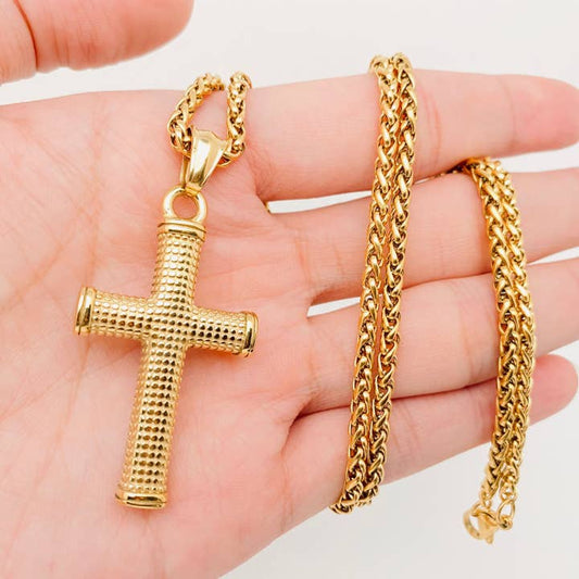 St Steel Golden Dot Cross Necklace Golden 22" Sale