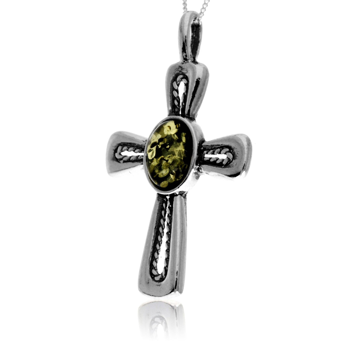 925 Steling Silver & Genuine Baltic Amber Celtic Cross Pendant
