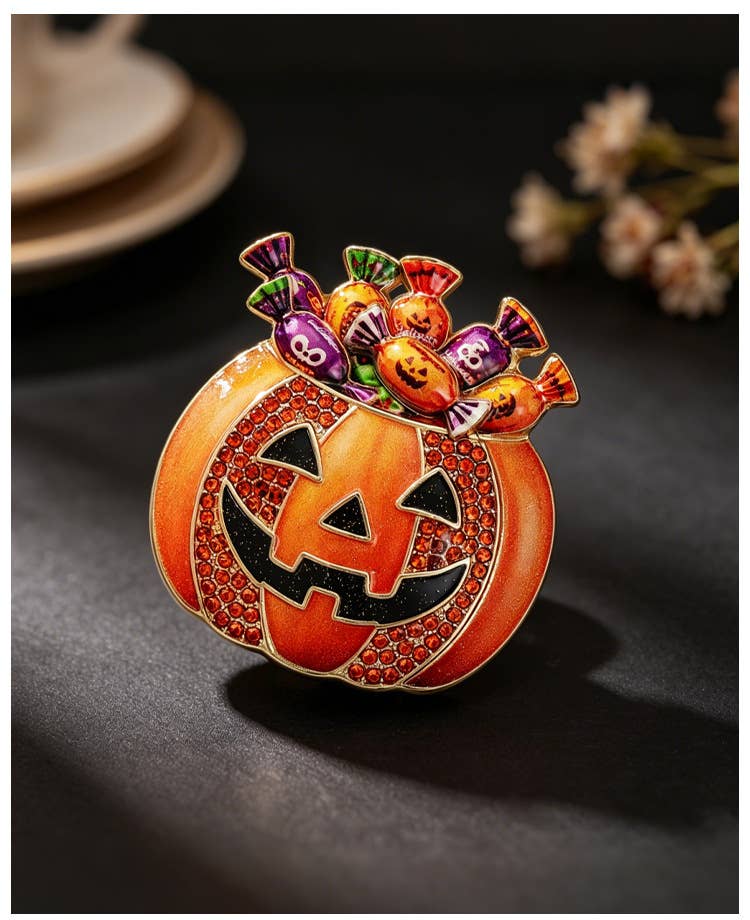 Halloween Pumpkin Candy Bucket Enamel Brooch