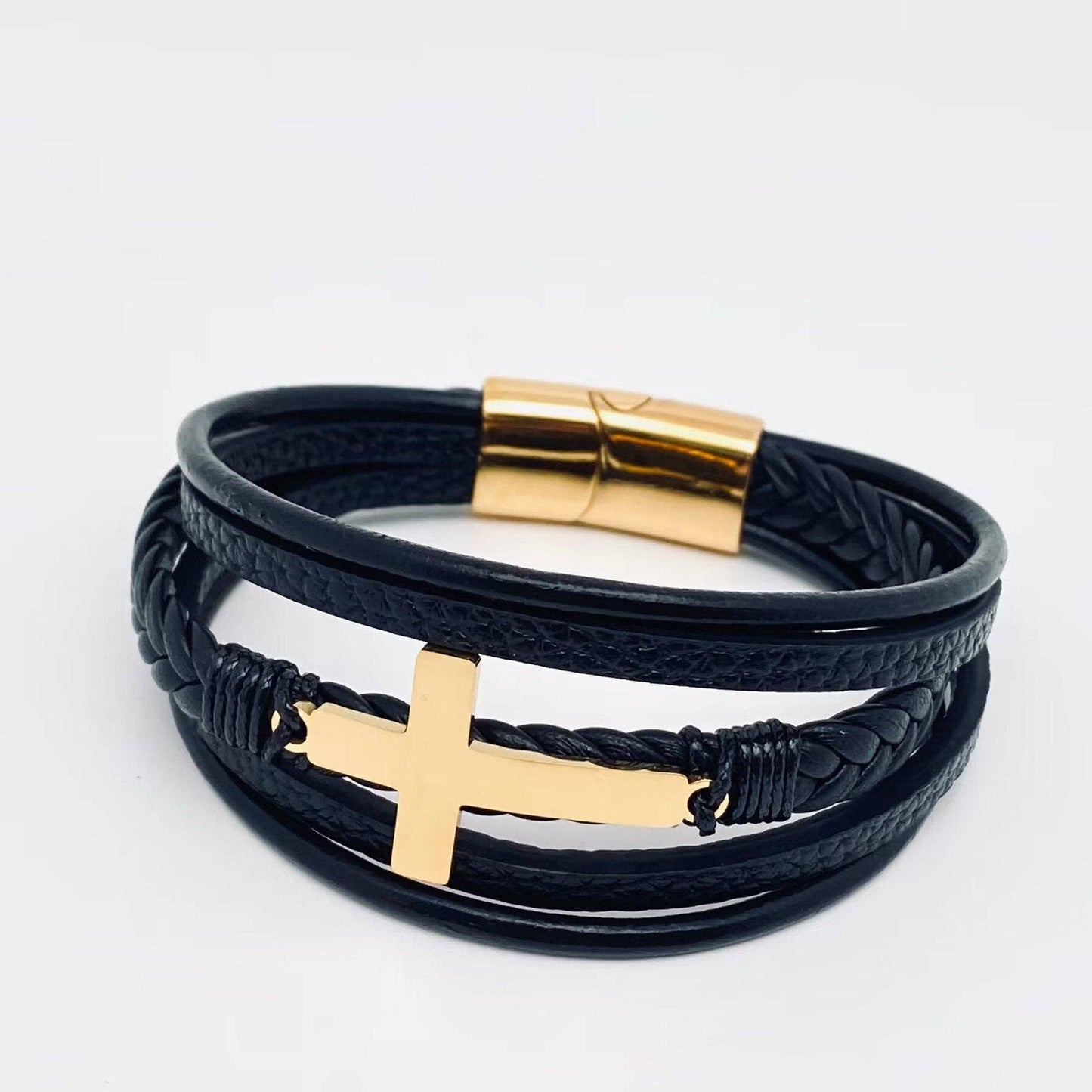 Cross Multi-Layer Woven Leather Bracelet Black