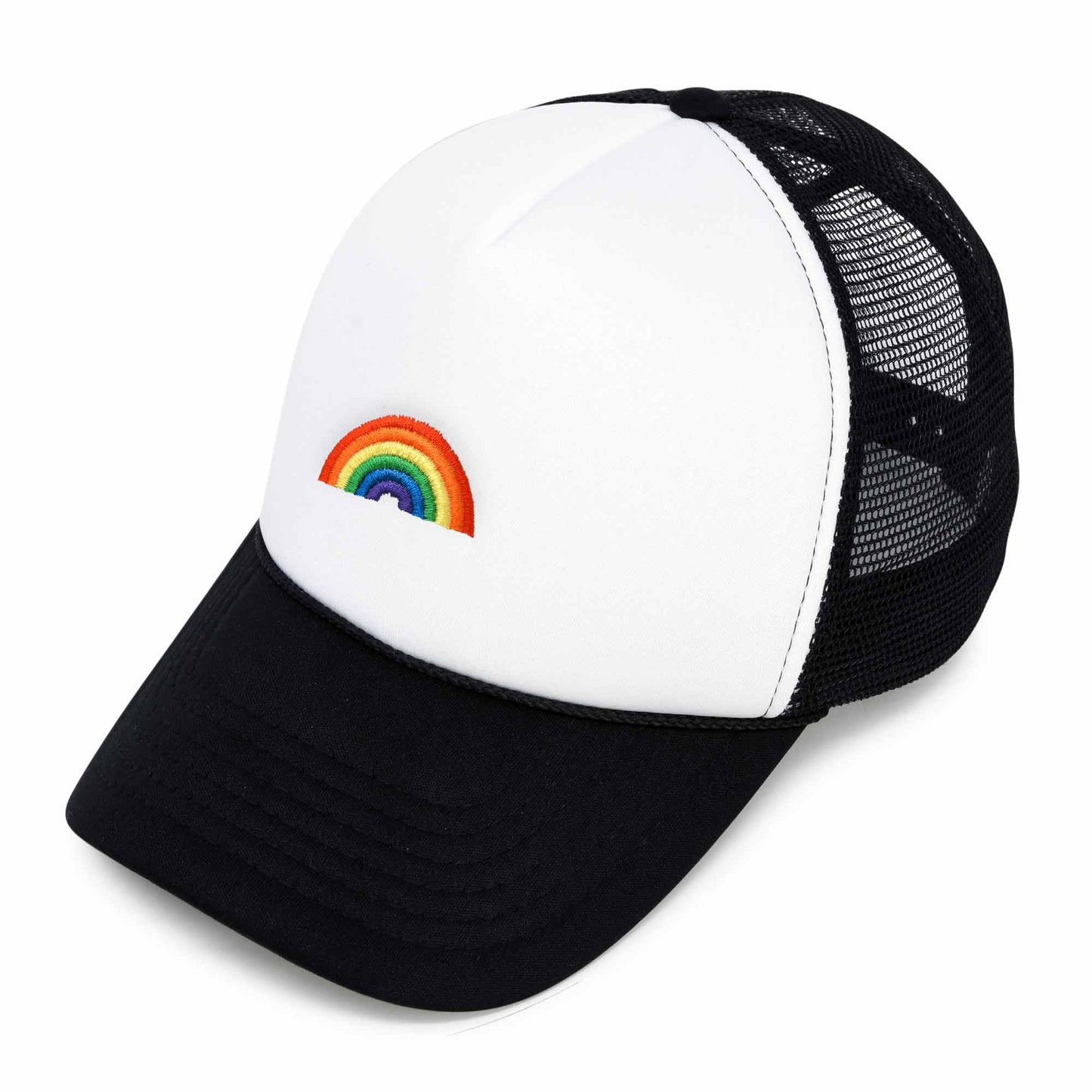 Embroidered Rainbow Trucker Cap Black White-