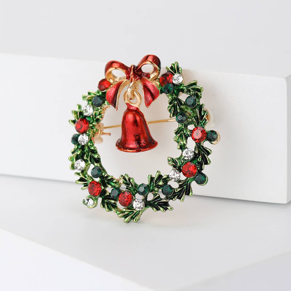 Rhinestone Christmas Wreath Brooch with Bell & Bow
