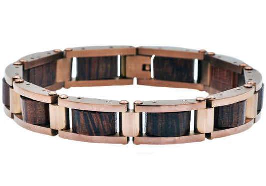Men's Chocolate Stainless Steel & Genuine Wood Link Bracelet