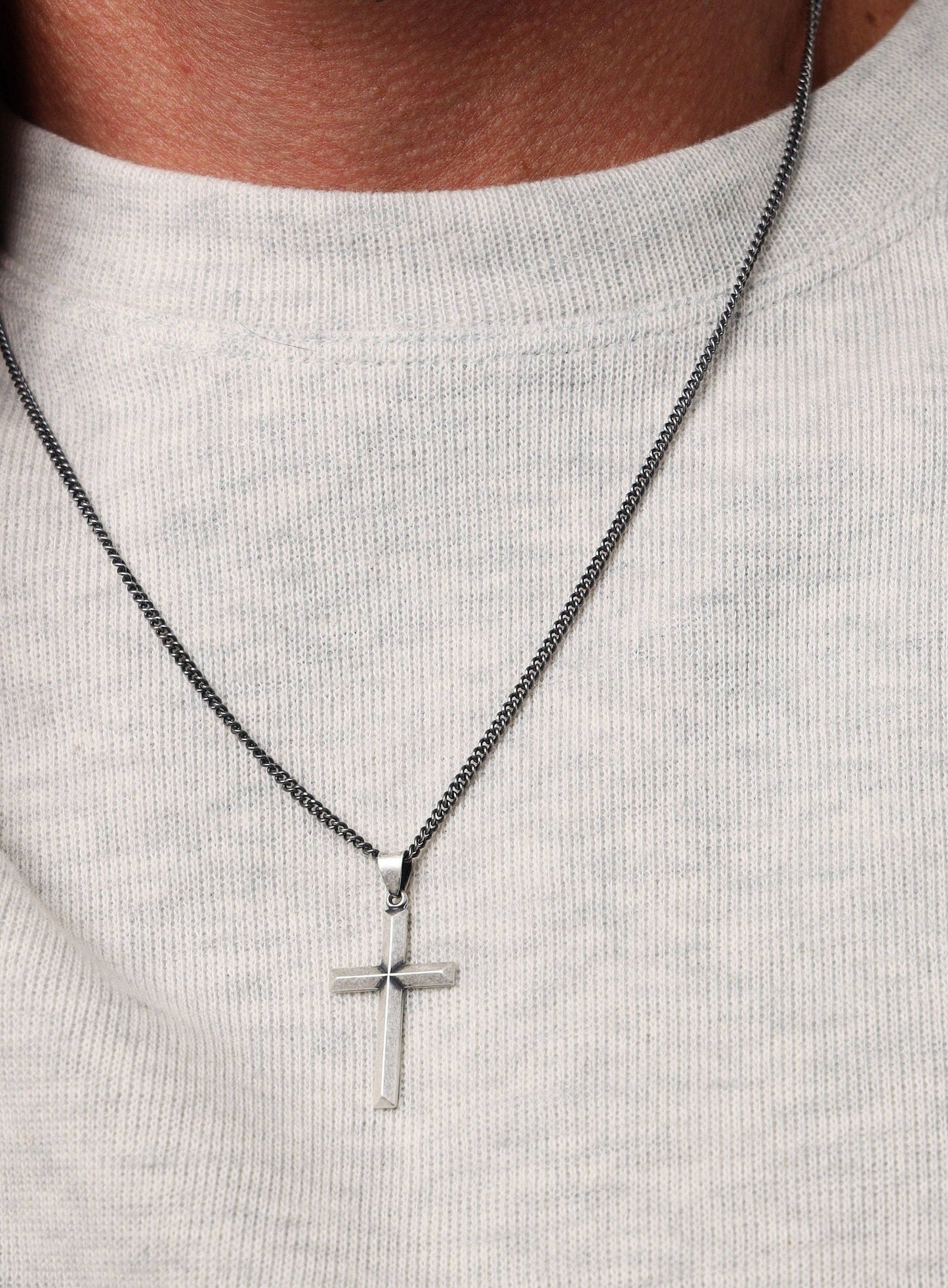 Large Sterling Silver Bevel Cross Pendant Necklace - 20"