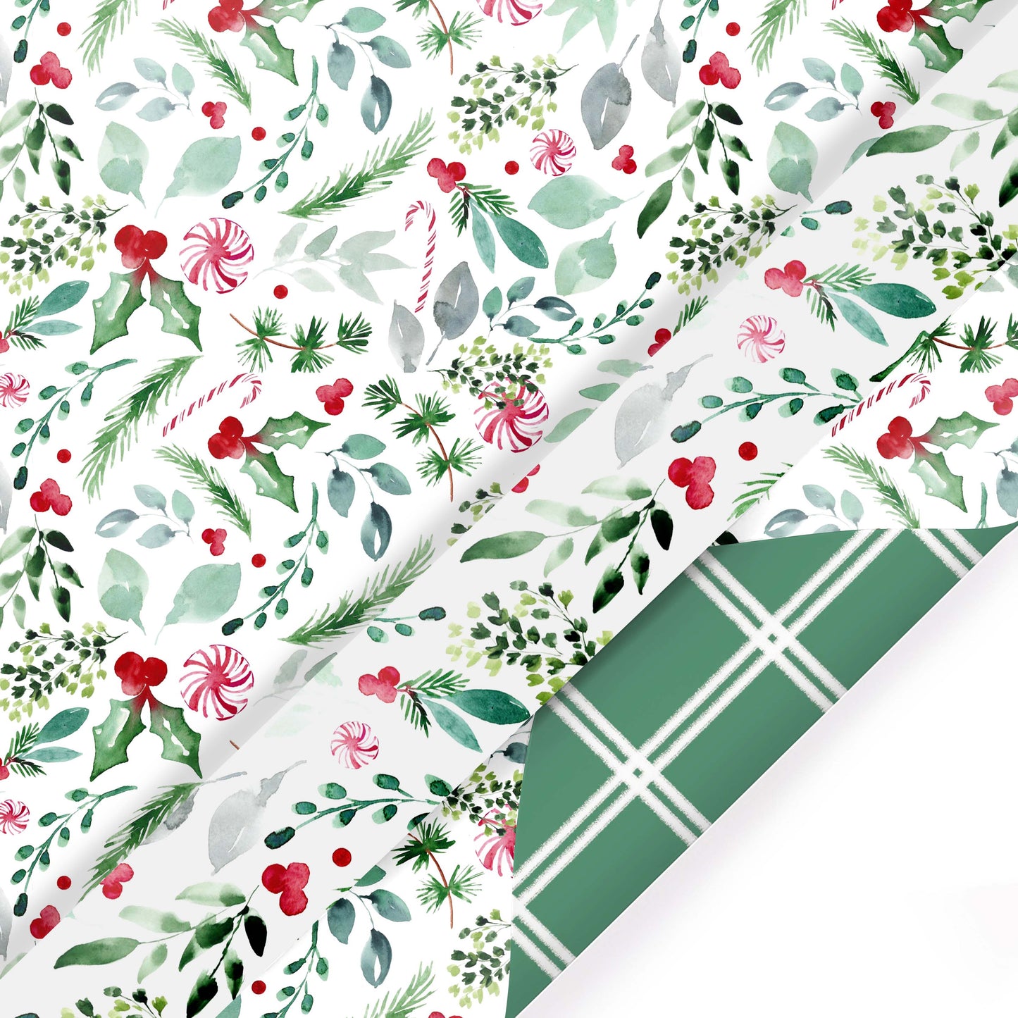 30" x 10' Reversible Holiday Wrapping Paper | Watercolor Holly/Green and White Lattis