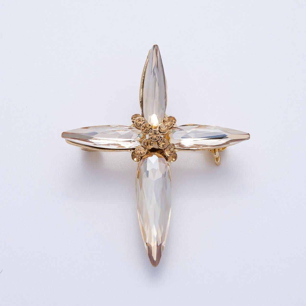 Gold 39mm x 33mm Marquise Rhinestone Tied Cross Pin Brooch