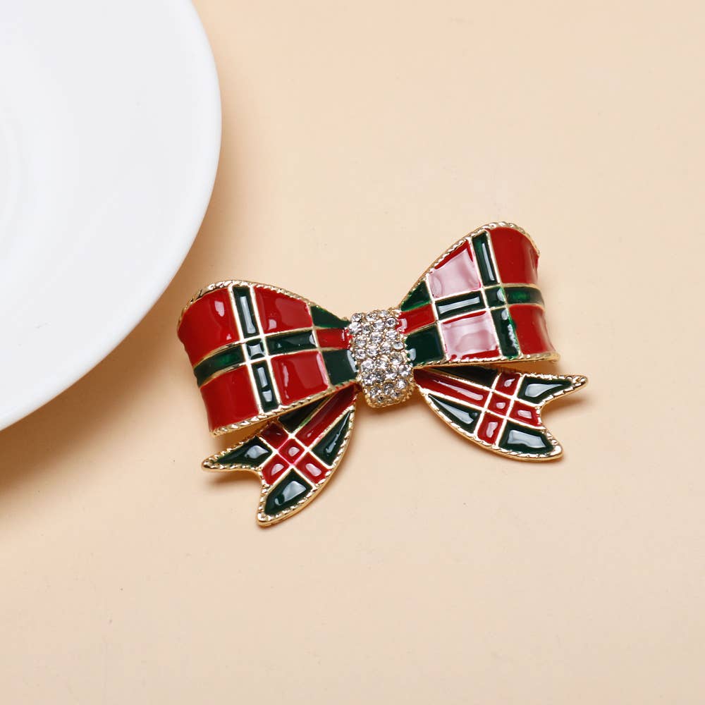 Christmas Bow Brooch, Polka Dot & Plaid Rhinestone Pins