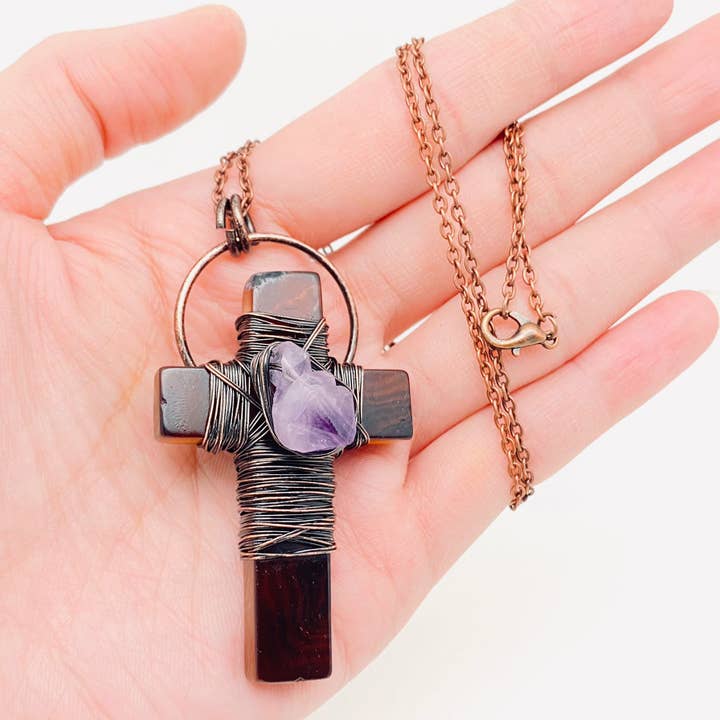 Vintage Amethyst Agate Cross Pendant 48MM