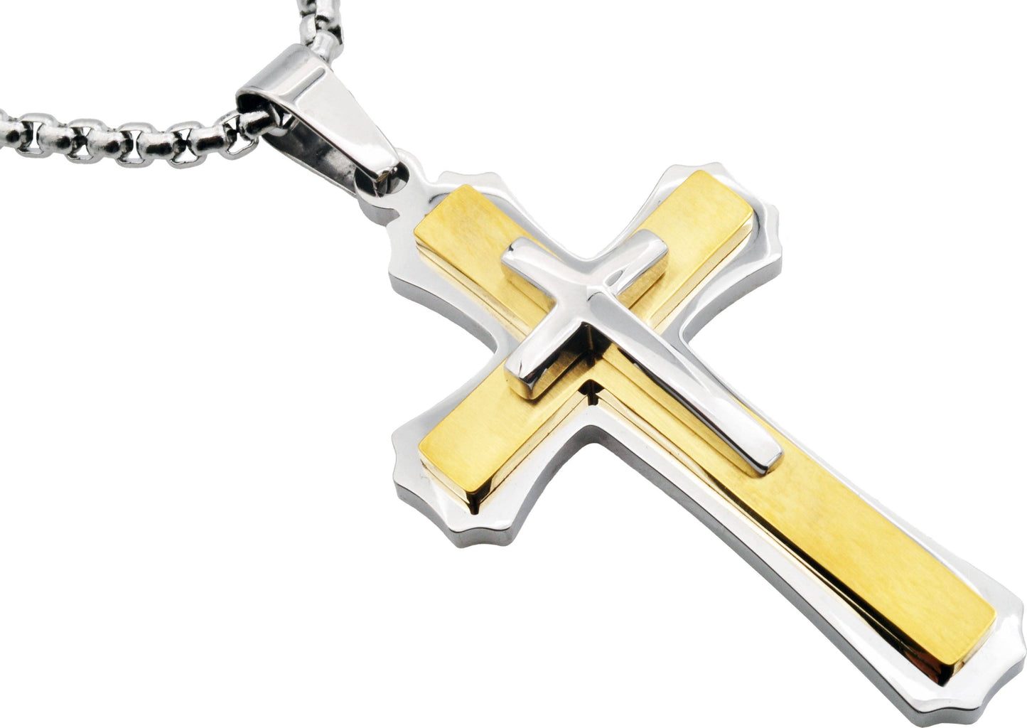 2 Tone Gold Stainless Steel Cross Pendant With Chain Sale