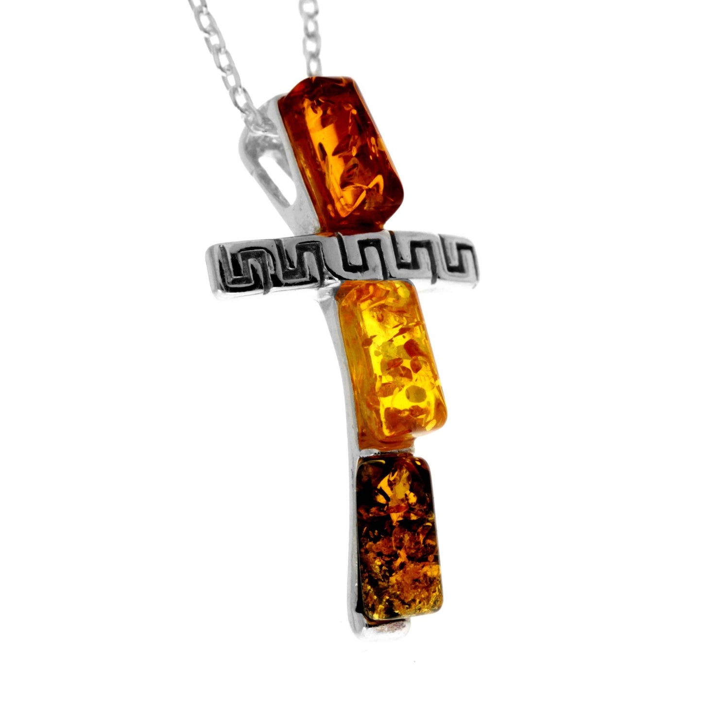 925 Steling Silver & Genuine Baltic Amber Modern Cross Pendant