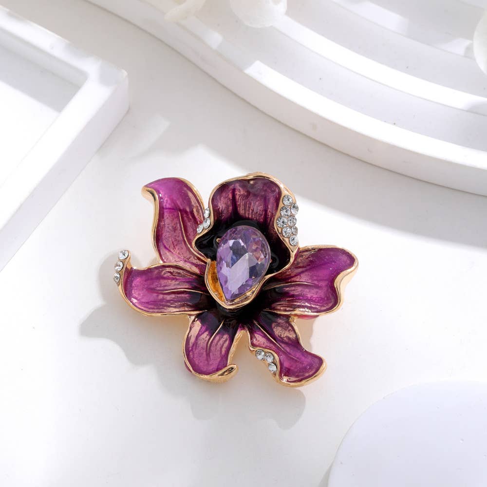 Orchid Flower Rhinestone Enamel Brooch Pin