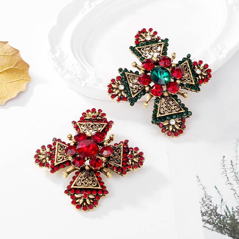 Geometric Rhinestone Cross Vintage Brooch Pin