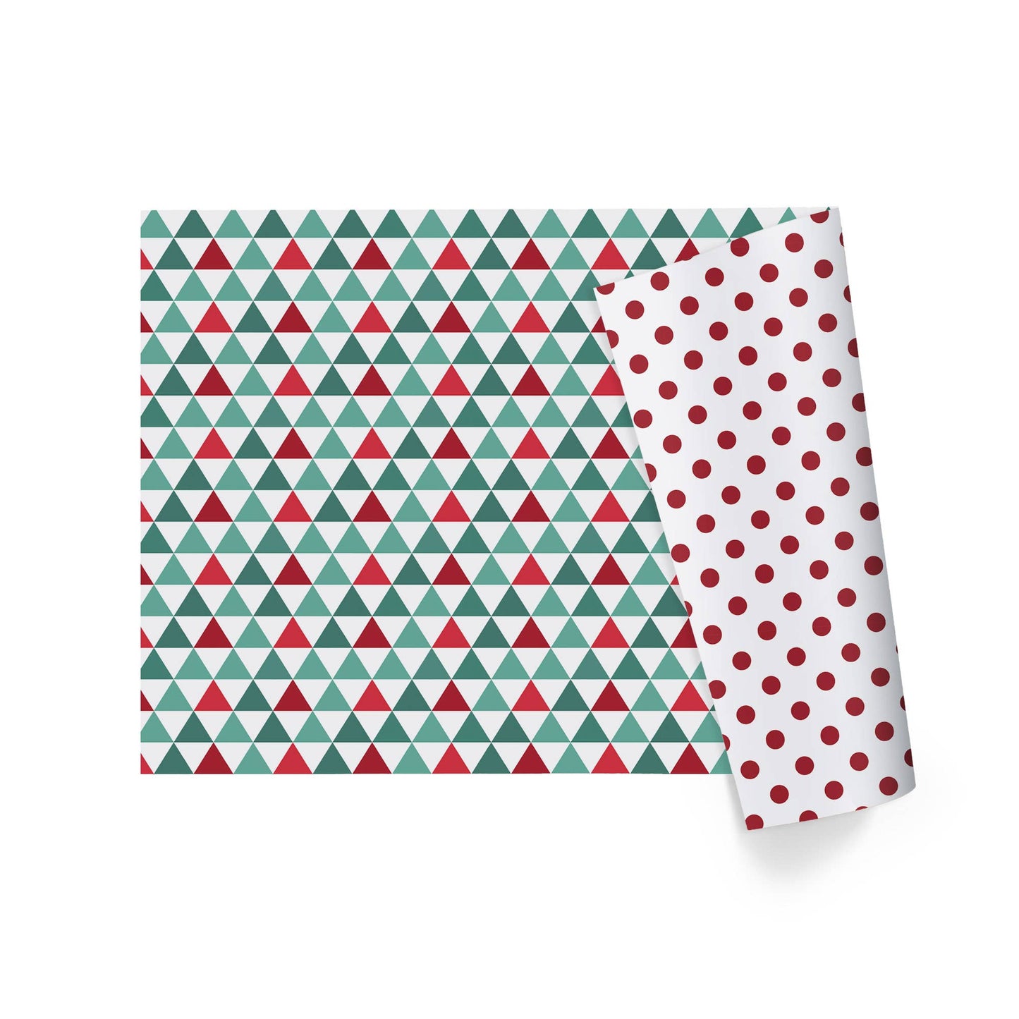 30" x 10’ Holiday Reversible Wrapping Paper | Multi-Colored Triangles/Red Polkadot on White