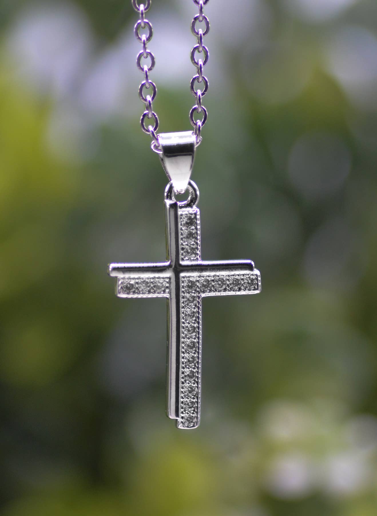 Silver Cross Crystal Accent Necklace