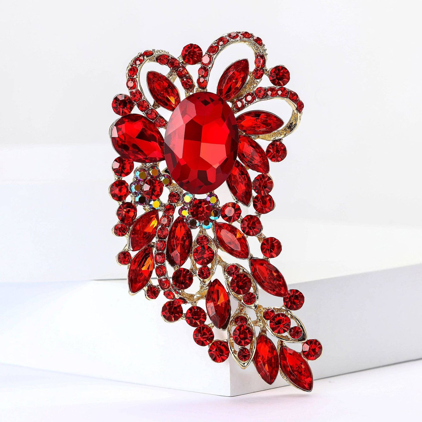 Large Rhinestone Leaf Oval Brooch Pin