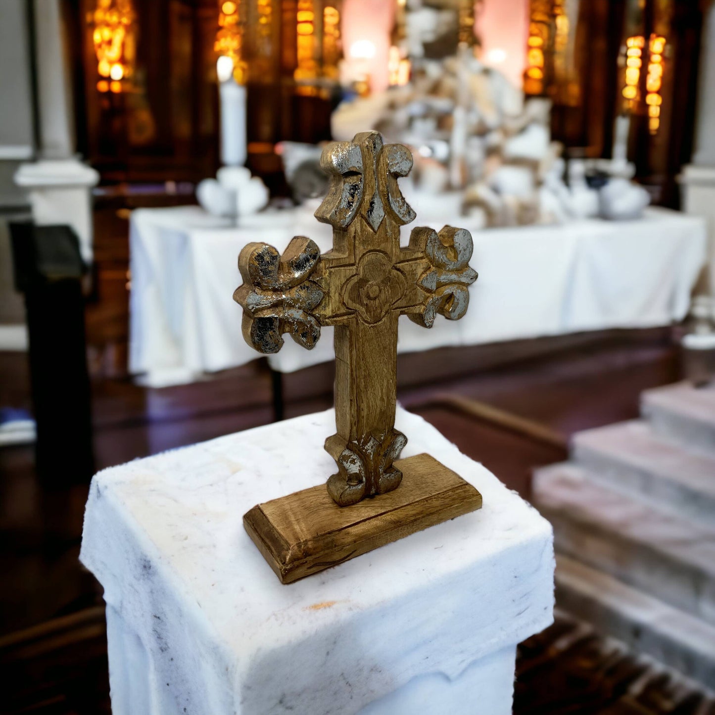 Double Sided Carved Wood St. Charles Table Cross Clearance