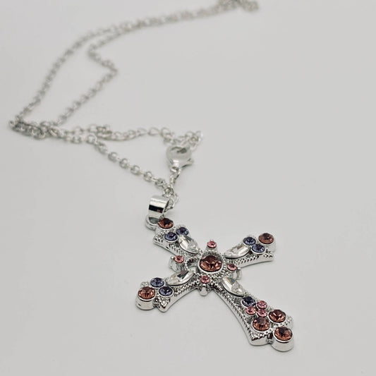 Colorful Rhinestone Cross Pendant Necklace