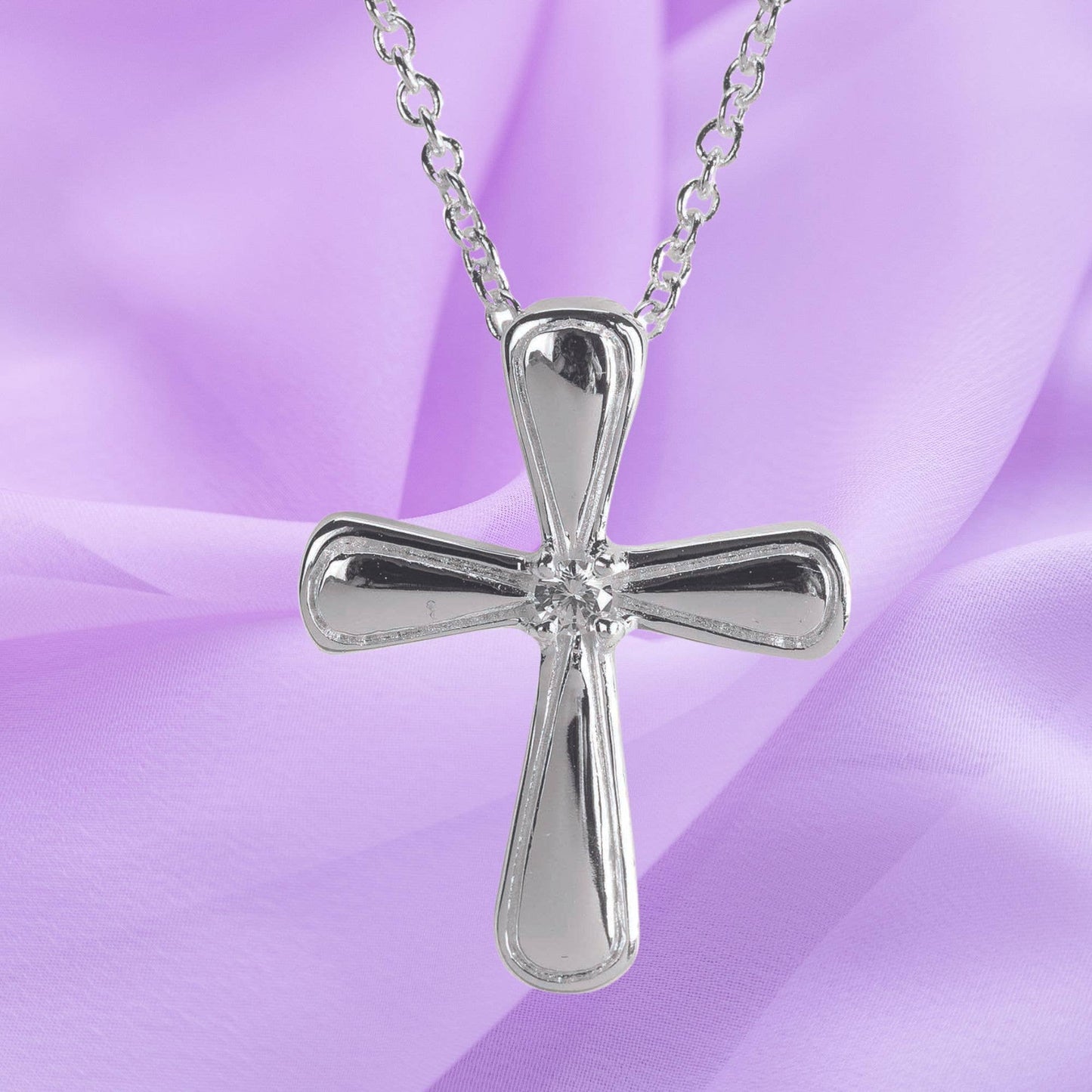 Silver Plated Petal Cross With CZ Necklace Sale