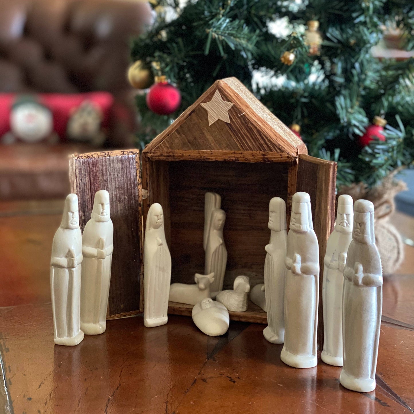 Kenya Soapstone Nativity Set and Banana Fiber Barn, 13