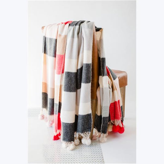 Wide Striped Scarf with Poms