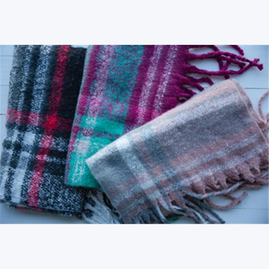Wide Plaid Fuzzy Knit Scarf