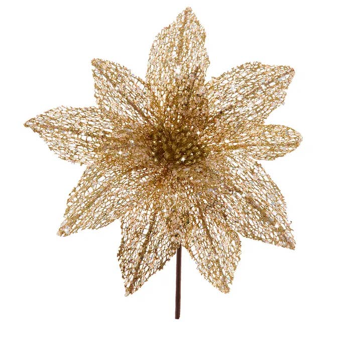Gold Glittered Sequin Poinsettia Pick