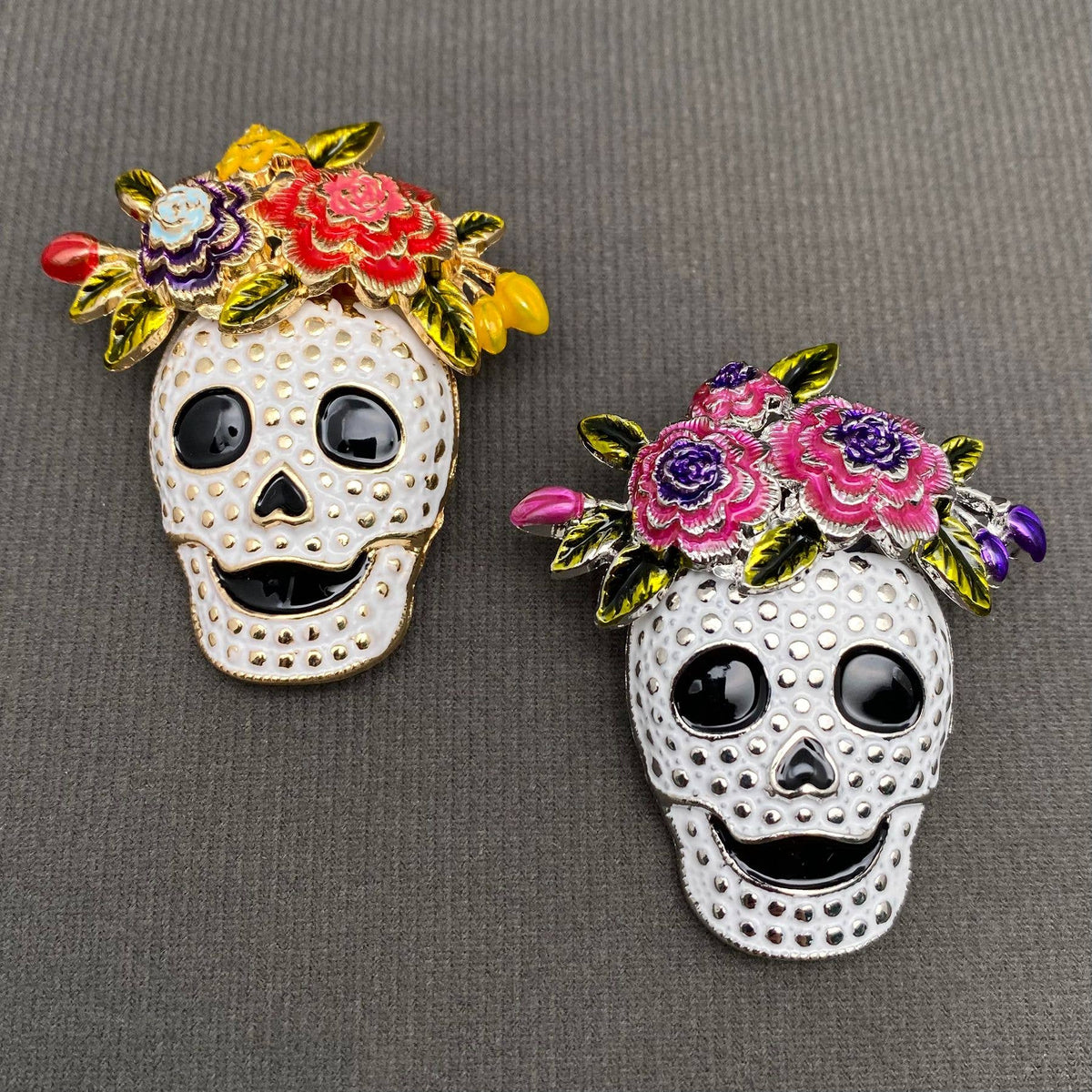 Halloween Skull with Wreath Enamel Brooch