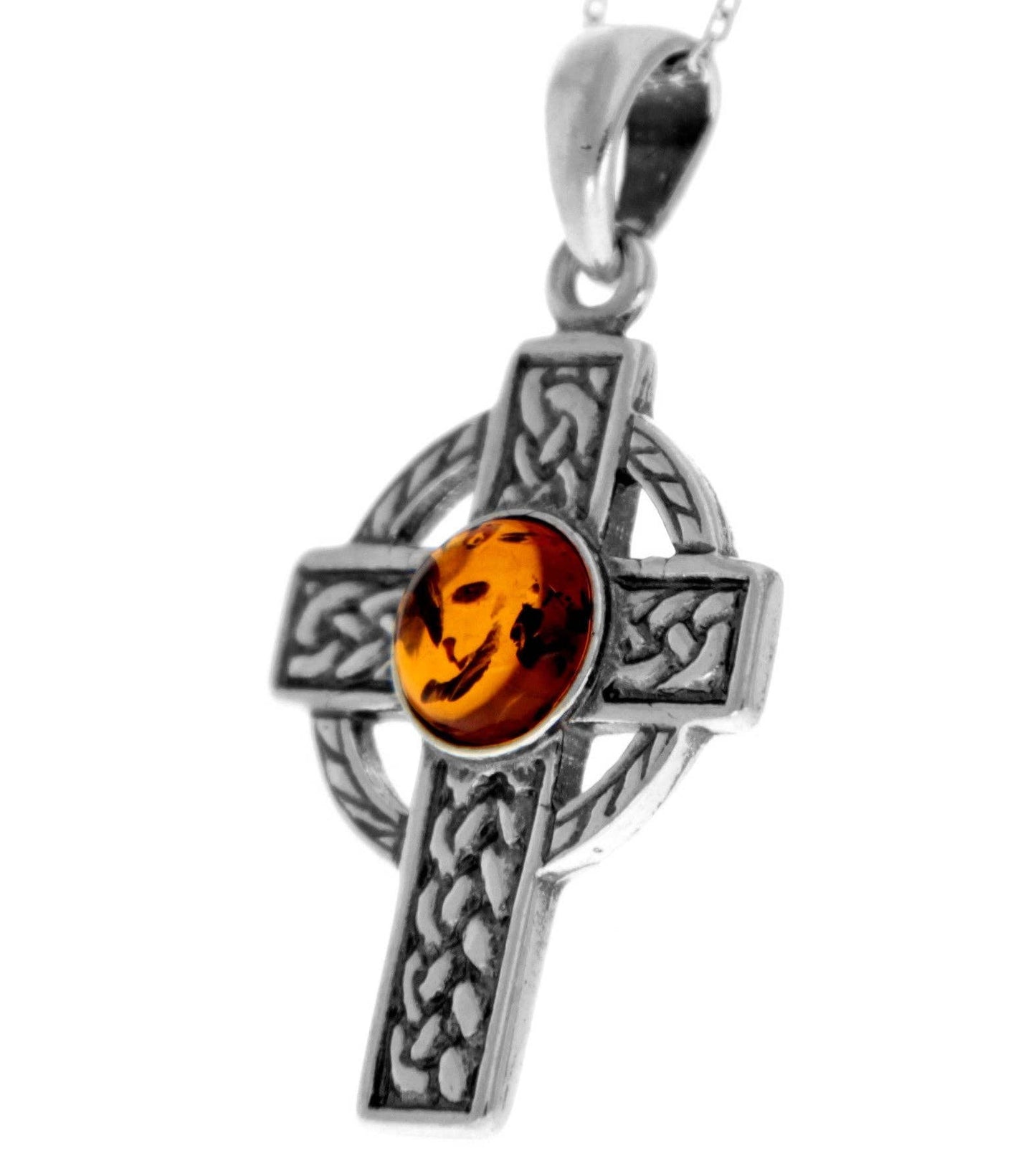 925 Sterling Silver & Baltic Amber Celtic Cross Pendant