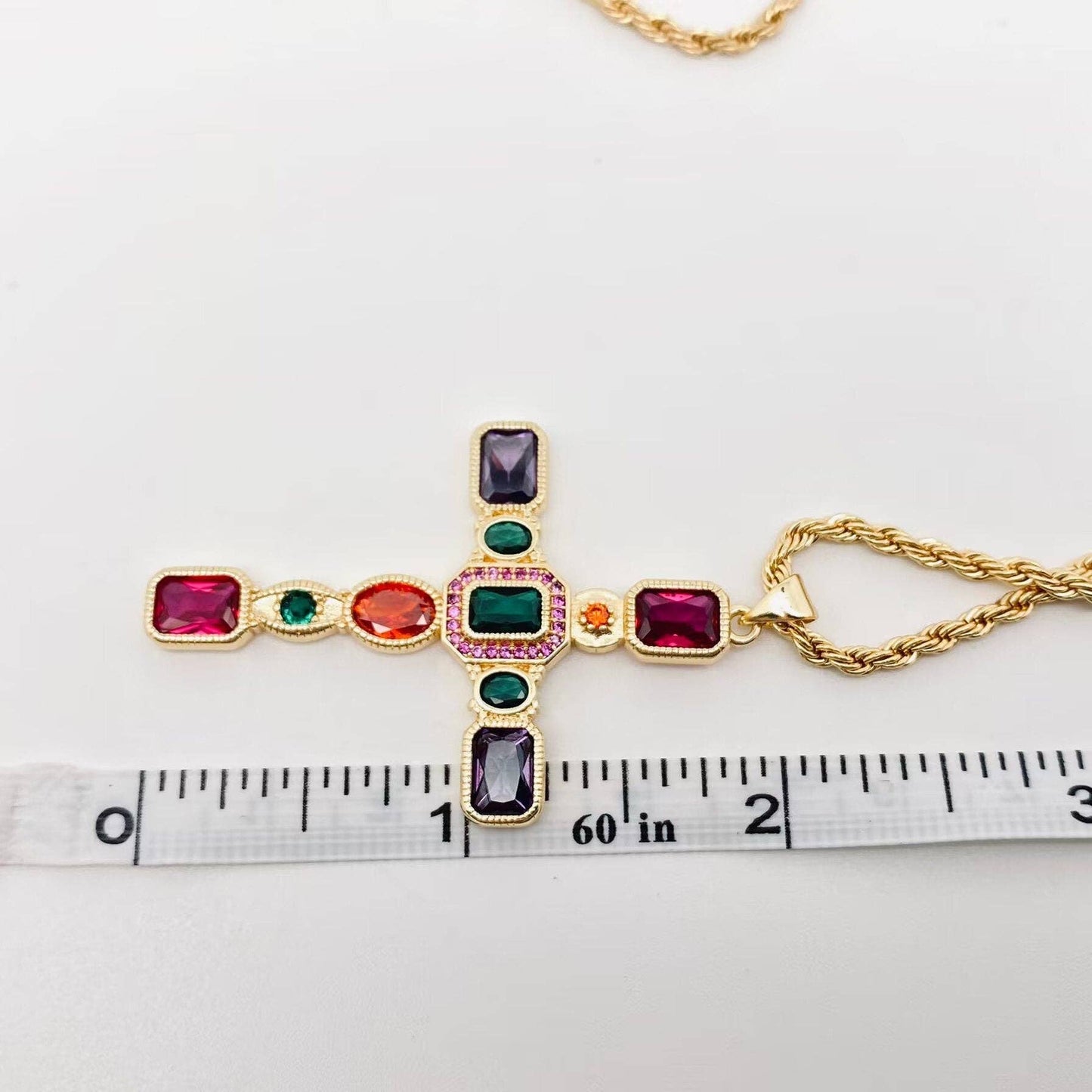 Colored Cubic Zirconia Cross 18KGold Plated Pendant Necklace