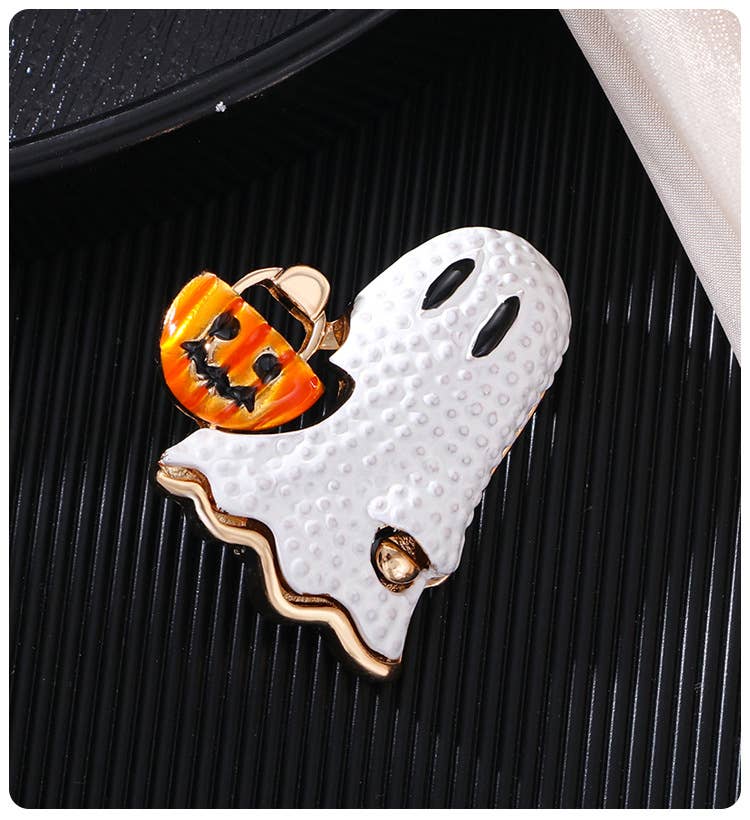 Enamel Ghost with Pumpkin Bucket Halloween Brooch Lapel Pin