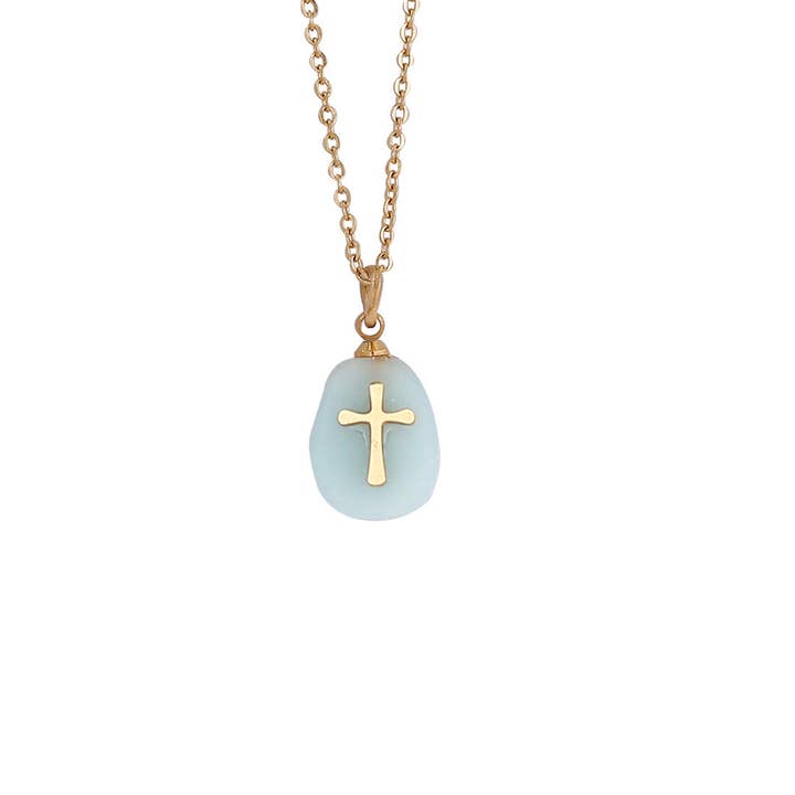 Natural Stone Stainless Steel Cross Pendant Necklace - Green