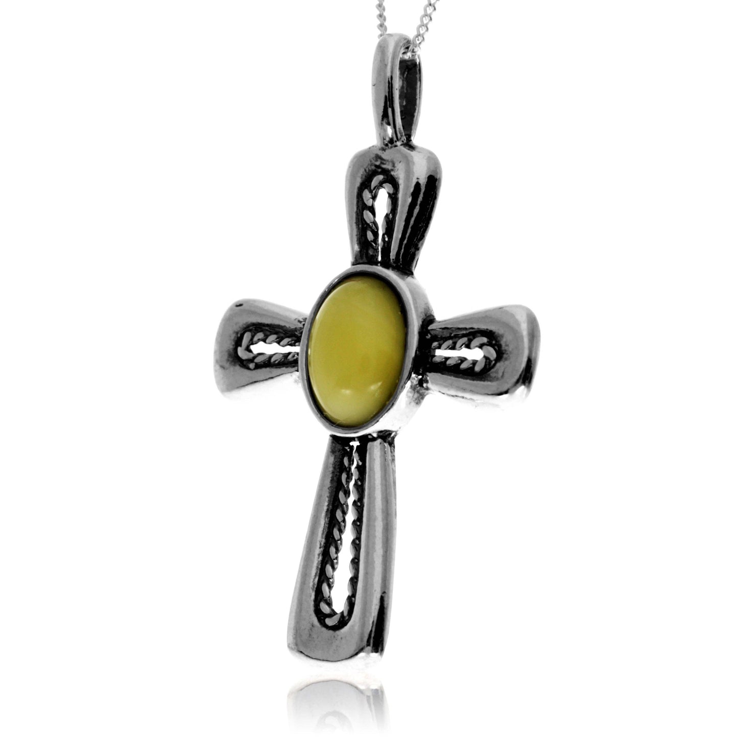 925 Steling Silver & Genuine Baltic Amber Celtic Cross Pendant