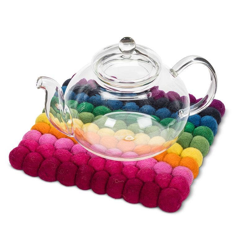 Sq Rainbow Stripe Pompom Trivet-8"Sq