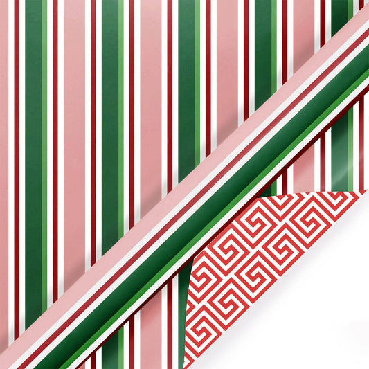 30" x 10' Reversible Holiday Wrapping Paper | Multi-Colored Stripe/Diagonal Greek Key