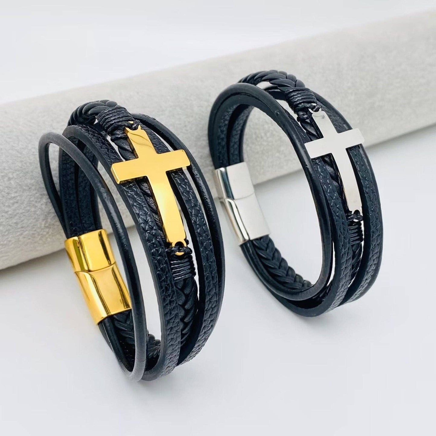 Cross Multi-Layer Woven Leather Bracelet Gold - Sale