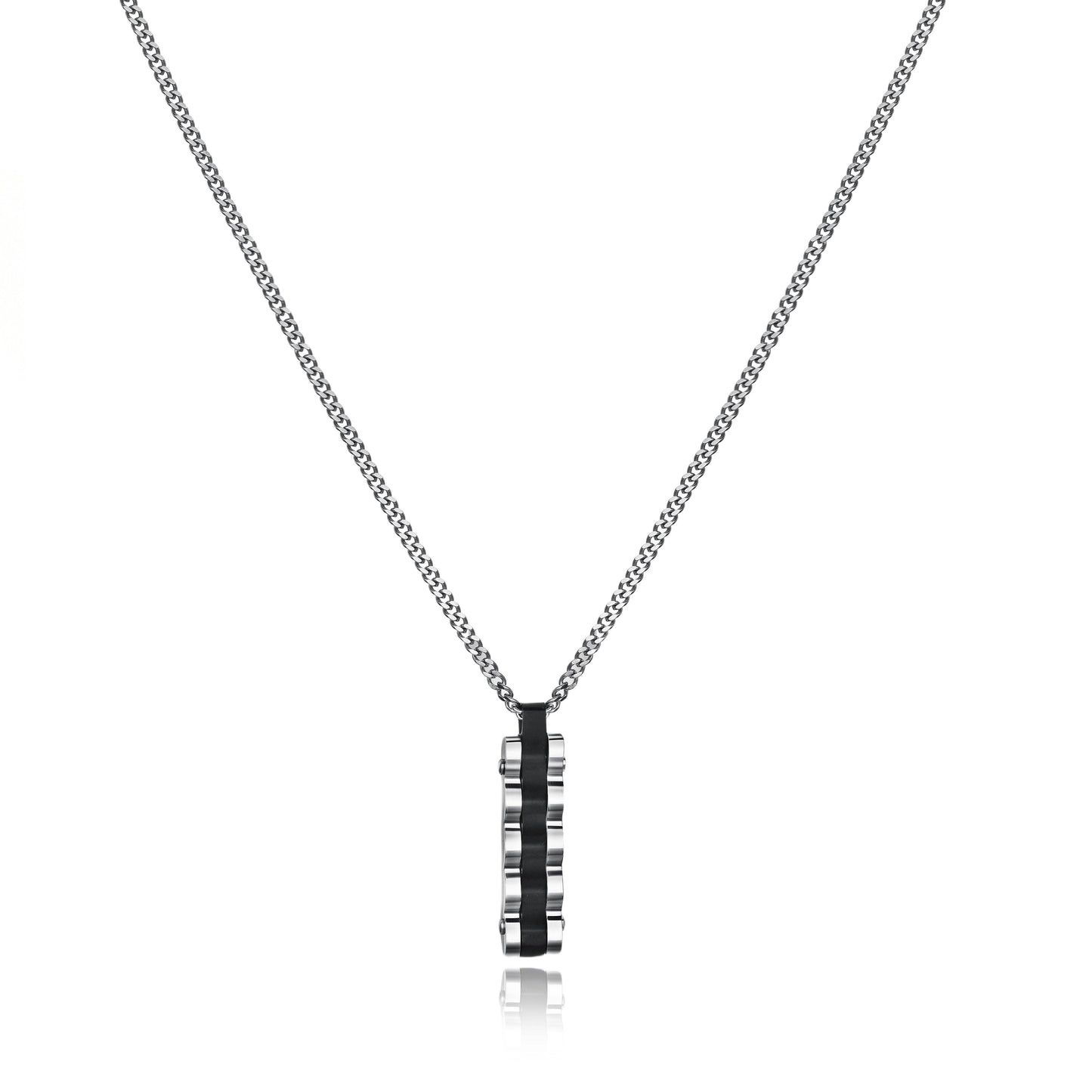 Industrial Ribbed Silver Bar Pendant with Black