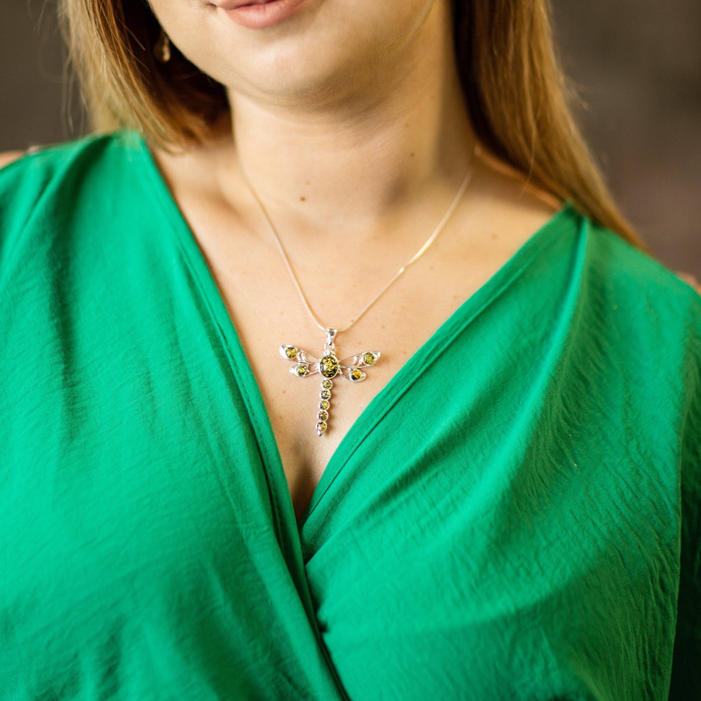 925 Sterling Silver & Baltic Amber Dragonfly Pendant