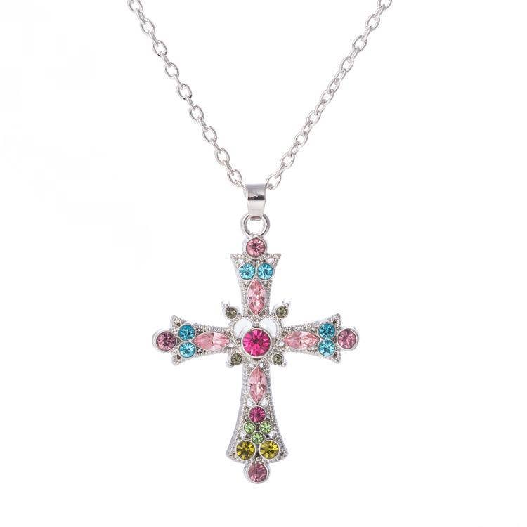 Colorful Rhinestone Cross Pendant Necklace