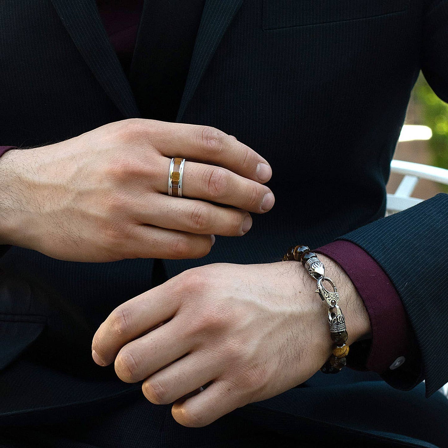 Wood Inlay Ridged Edge Stainless Steel Band Ring