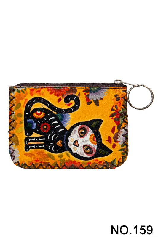 Dia De Los Muertos Cat Print Hand Stitch Coin Purse