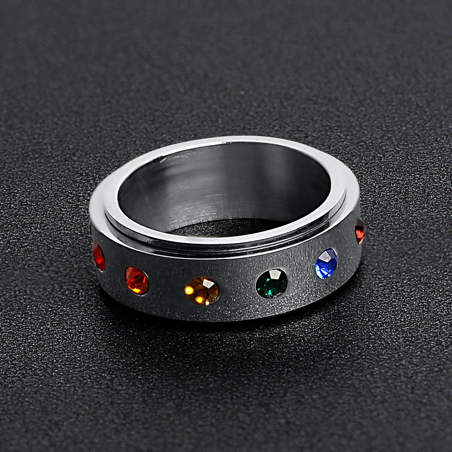Rainbow CZ Spinner St Stl Ring