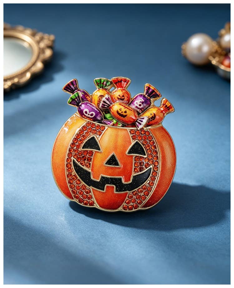 Halloween Pumpkin Candy Bucket Enamel Brooch