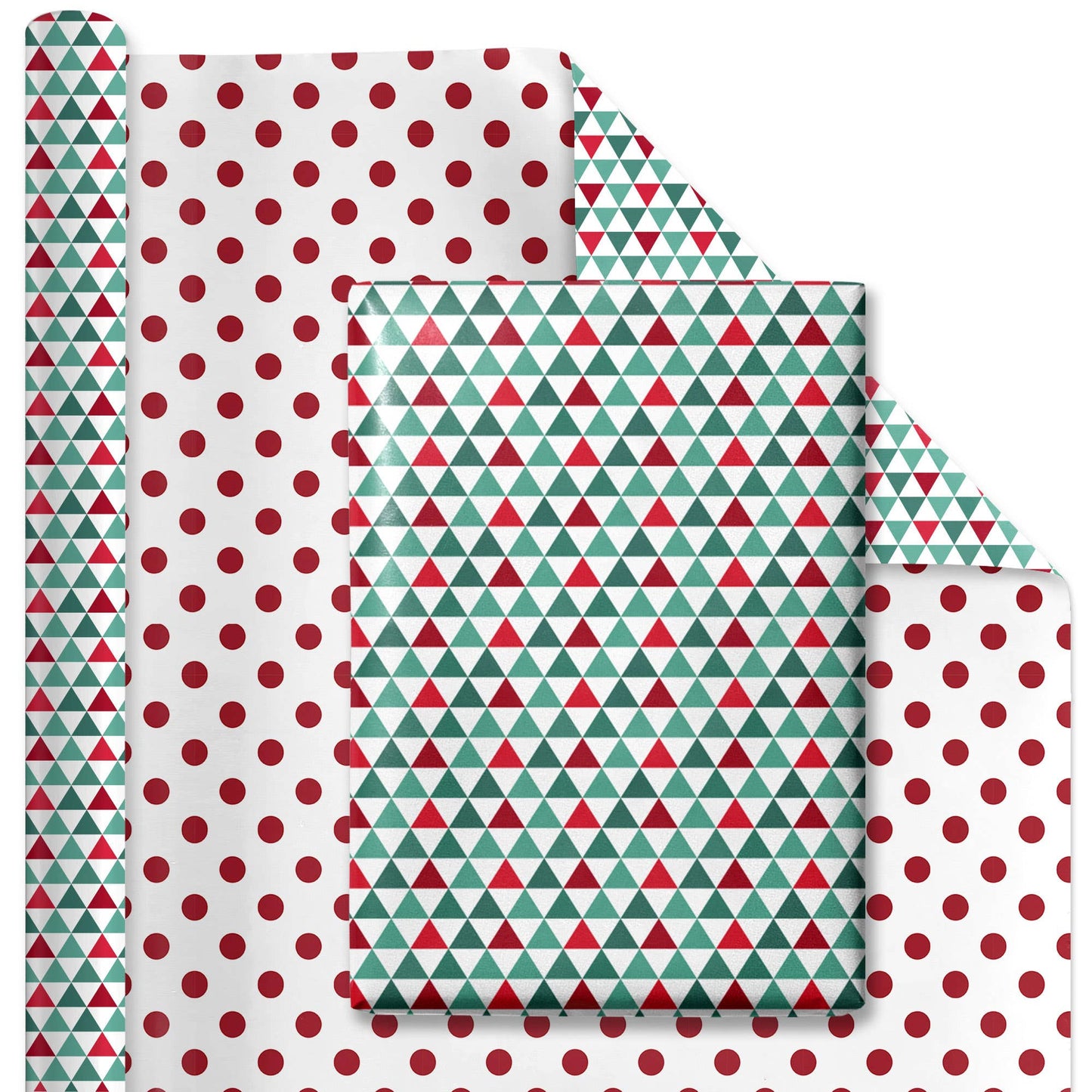 30" x 10’ Holiday Reversible Wrapping Paper | Multi-Colored Triangles/Red Polkadot on White